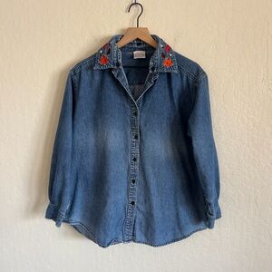 Vintage Style Studio Chambray Denim Removable Fall Embroidered Collar Shirt 1X